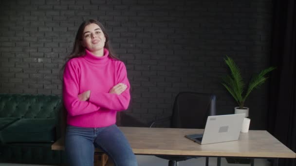 Uma Senhora Negócios Com Uma Camisola Rosa Sorri Cruza Braços — Vídeo de Stock