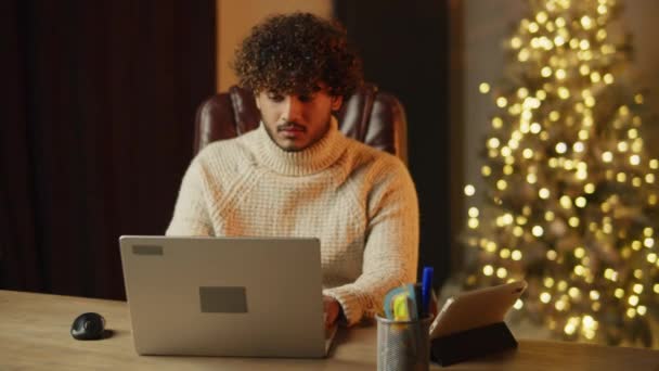 Focused Freelancer Typing Laptop Keyboard Showing Success Gesture Young Man — Stockvideo