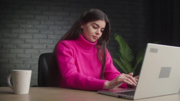 Una Linda Chica Suéter Rosa Está Escribiendo Activamente Computadora Portátil — Vídeos de Stock