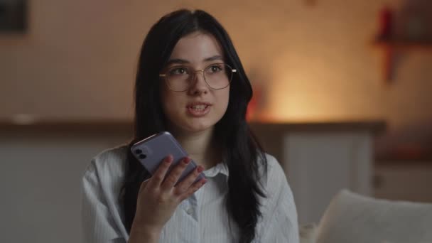 Emotional Businesswoman Recording Voice Message Beautiful Girl Glasses Talking Phone — Vídeos de Stock