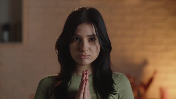 Close Shot Girl Folding Her Hands Prayer Making Wish Young — Stockvideo