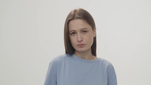 Pretty Woman Sad Look Who Looks Directly Camera Portrait Shot — Stock Video