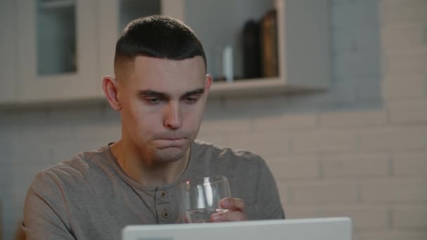 Man Short Haircut Working Laptop Drinking Water Glass Freelancer Works — Vídeo de Stock