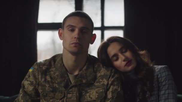 Depressed Ukrainian Soldier Supported His Girlfriend Brunette Girl Lying Shoulder — Stockvideo