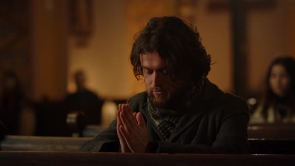Brunette Man Folds His Arms Prays Close Man Catholic Church — Stock Video