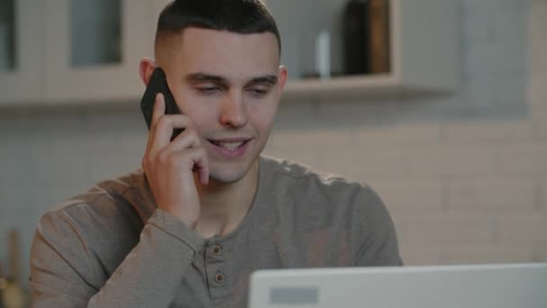 Businessman Gray Sweatshirt Sitting Front Laptop Talking Phone Business Partners — Video Stock