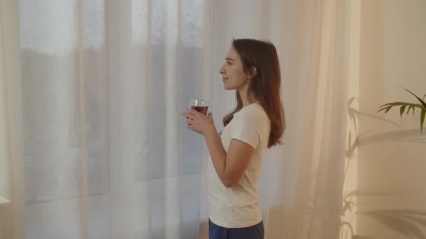 Oknu Přijde Mladá Žena Šálkem Čaje Brunetka Obdivuje Výhled Okna — Stock video
