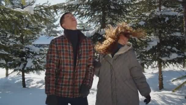 Οικογενειακό Ζευγάρι Που Χορεύει Στη Μέση Ενός Χειμερινού Πάρκου Νεαρός — Αρχείο Βίντεο