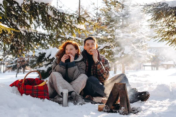 Una Joven Pareja Casada Tuvo Picnic Bosque Nevado Una Hermosa —  Fotos de Stock