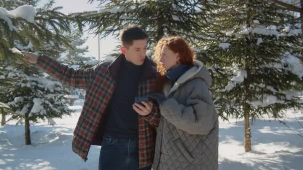 Σύζυγος Και Σύζυγος Κοιτάζουν Τηλέφωνο Και Συζητούν Κάτι Στο Χειμερινό — Αρχείο Βίντεο