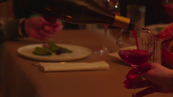 Обрезанный Вид Человека Наливающего Красное Вино Бокал Люди Пьют Красное — стоковое видео