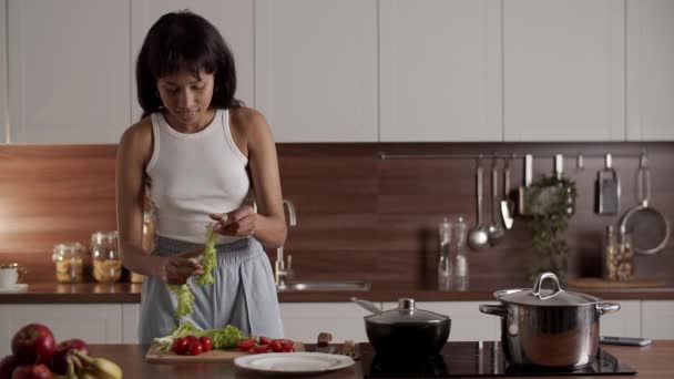 Uma Jovem Negra Coloca Alface Tomate Prato Uma Mulher Vegetariana — Vídeo de Stock