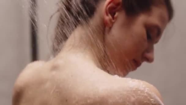 Young Woman Stands Shower Washes Foam Brunette Woman Takes Warm — Stock Video