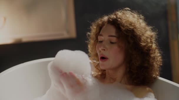 Slow Motion View Attractive Woman Plays Foam While Taking Bath — Stock Video