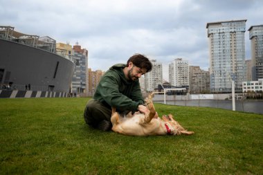 Şehrin arka planında çimlerin üzerinde oturan sakallı bir adam köpeklerinin karnını kaşır. Yeşil ceketli bir adam yürürken köpeğiyle oynar. Yüksek kalite fotoğraf