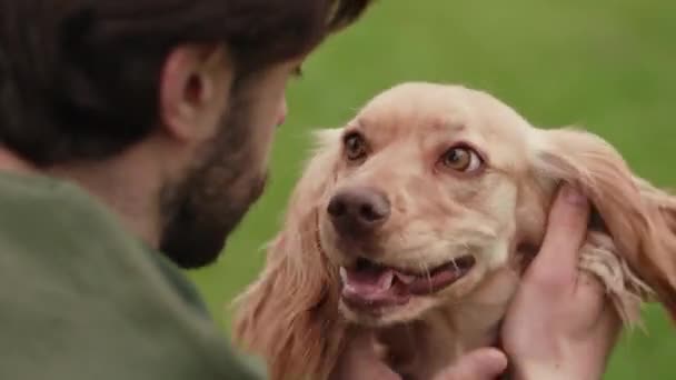 Brunette Man Kijkt Zijn Honden Ogen Hondeneigenaar Speelt Met Zijn — Stockvideo