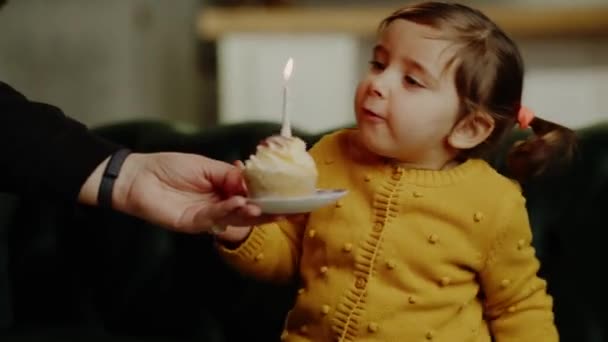 Radosna Dziewczynka Zdmuchnęła Świeczkę Szczęśliwe Dziecko Pomyśl Życzenie Jej Urodziny — Wideo stockowe