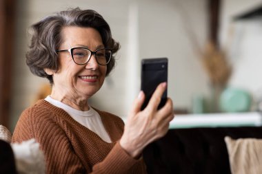 Mutlu orta yaşlı kadın mobil uygulamalar kullanmaktan, mesajlaşmaktan, koltukta oturmaktan, akıllı telefon tutan, cep telefonu ekranına bakan, sosyal medyada gezinen, gülümseyen son sınıf öğrencisi. Yüksek