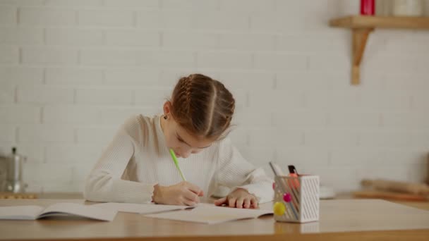 Het Kleuterschoolmeisje Doet Ijverig Haar Huiswerk Zelfstudie Van Huiswerk Zonder — Stockvideo
