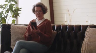 Telefon kullanan, koltukta oturan, akıllı telefon uygulamalarına bakan, ekrana bakan, son sınıf öğrencilerinin internetten yakınlarıyla sohbet eden, alışveriş yapan, mobil cihazla eğlenen olgun bir kadın. Yüksek kalite 4k görüntü
