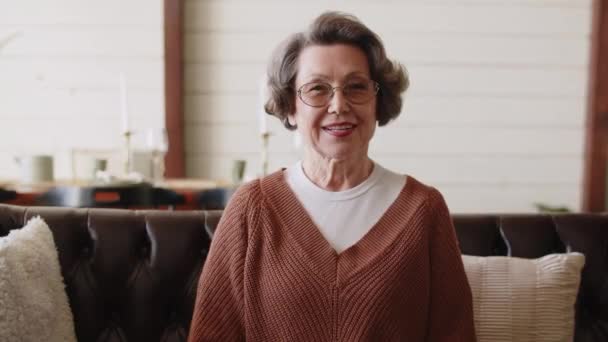 中にはソファに座ってエレガントな高齢者の女性の笑顔 幸せな引退の概念 高品質4K映像 — ストック動画