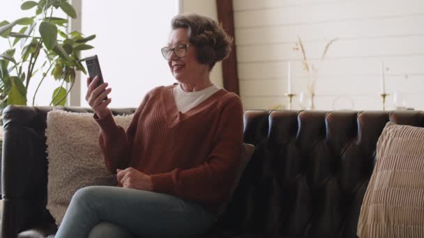 Joyeux Mature Vieille Femme Tenant Smartphone Dans Ses Mains Fait — Video