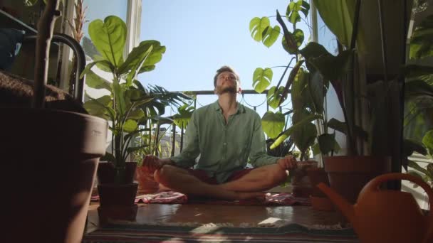 一个年轻人深深地吸了口气 沉思了一下 内心的和平与善良 在国内的大型绿色植物中沉思 高质量的4K镜头 — 图库视频影像