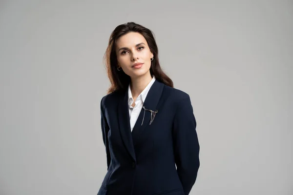 Portrait Interested Looking Camera Young Businesswoman Office Administration Job Success — Stock Photo, Image