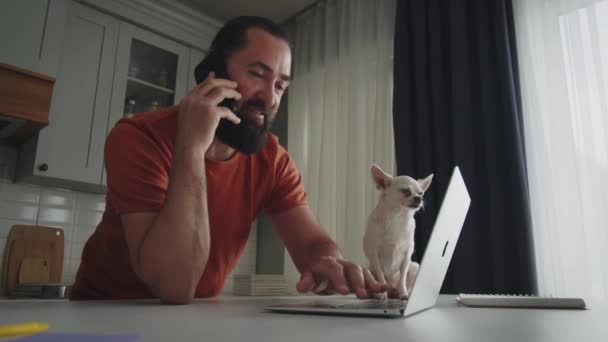 自宅でラップトップに電話するハンサムな男 飼い主とラップトップの画面を見ている彼の面白いペット犬 インターネットで自宅で働くオンライン 遠い仕事 高品質の4K映像 — ストック動画