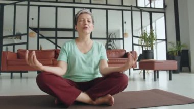 Yaşlılıkta hoş ve kullanışlı bir eğlence anlayışı. Yaşlı kadın evde yoga egzersizi yapıyor. Olgun kadınlar meditasyon yapar. Kameraya bakar ve gülümser. Yüksek kalite 4k görüntü