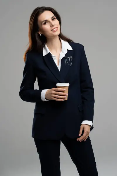 Photo marketing agency professional chief young business lady bring coffee takeaway cafe look copyspace. Charming woman formalwear teatime break. High quality photo