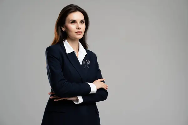 Portrait of brainstorming creative marketing specialist young business woman folded hands confident look empty space. Professional reporter girl. High quality photo