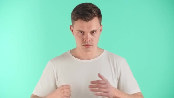 Young Man Demonstrate Negative Emotions Indignation Ire Unfriendliness Hostility Guy — Stock Video