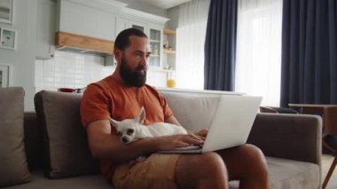 Yetişkin bir adam tek eliyle dizüstü bilgisayarda çalışırken aynı zamanda sevimli köpeğini okşar. Evcil hayvanıyla internetten çalışan serbest çalışan bir adam. Yüksek kalite 4k görüntü