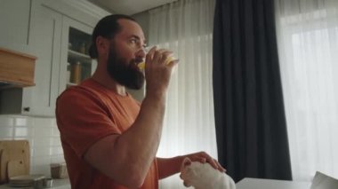 Ev bilgisayarında video görüşmesi yapan yakışıklı bir iş adamı. Komik evcil köpeği sahibine bakıyor ve oynamak istiyor. İnternette evden çalışmak, uzak bir iş. Yüksek kalite 4k görüntü