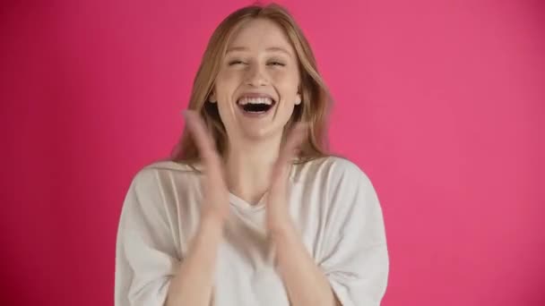 Young Lady Congratulates Holiday Celebrates Winning Prize Awards Jackpot Beautiful — Stock Video