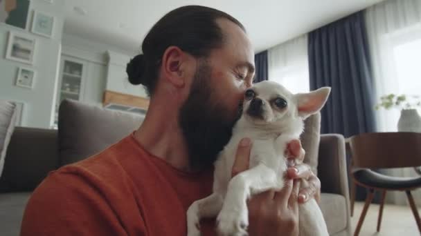 코카서스 남자는 집에서 자신의 동물을 치고있다 남자가 Chihuahua 인간과 동물의 — 비디오