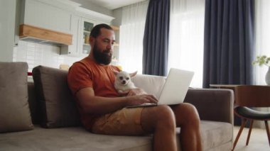 Yetişkin bir adam tek eliyle dizüstü bilgisayarda çalışır ve küçük sevimli köpeğini tutar. Evcil hayvanıyla internetten çalışan serbest çalışan bir adam. Hayvanlar ve insanlar arasındaki arkadaşlık kavramı. Yüksek