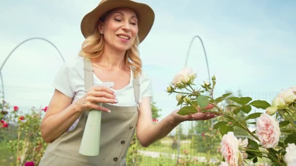 Una Encantadora Sonriente Mujer Mediana Edad Disfruta Floricultura Rocía Peonías — Vídeo de stock