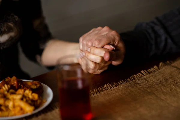 Close Shot Human Hands Together Table Thanksgiving Day Family Holding — Stock Photo, Image