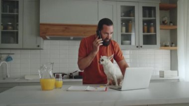 Evde dizüstü bilgisayarla konuşan yakışıklı bir adam. Ev sahibi ve laptop ekranına bakan komik köpeği. İnternette evden çalışmak, uzak bir iş. Yüksek kalite 4k görüntü