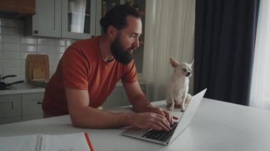 Ev bilgisayarında yakışıklı bir iş adamı tipi var. Komik evcil köpeği başka tarafa bakıyor ve bekliyor. İnternette evden çalışmak, uzak bir iş. Yüksek kalite 4k görüntü