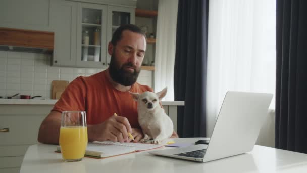 ハンサムなビジネスマンは 自宅のオフィスでラップトップにタイプします 彼の面白いペット犬が遠ざかって待っている インターネットで自宅で働くオンライン 遠い仕事 高品質の4K映像 — ストック動画