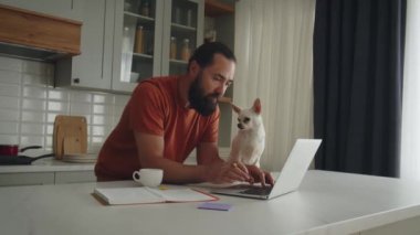 Genç sakallı bir adam mutfakta duruyor, bir dizüstü bilgisayar kullanıyor ve bir iş planı hazırlamak için not alıyor. Girişimci evde rahat bir atmosferde çalışıyor, çay ya da kahve içiyor.