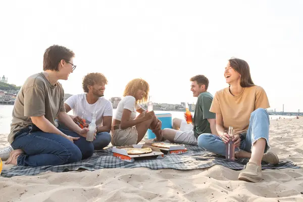 Young party people having picnic on the beach. Students have fun during pizza time. Happy weekend with friends at Dnipro river coastline. Drinking alcohol and eating hot pizza. High quality photo