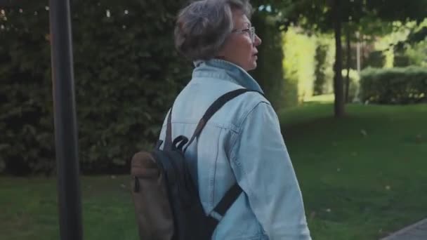Uma Mulher Idosa Caminha Livre Longo Calçada Parque Cidade Dia — Vídeo de Stock