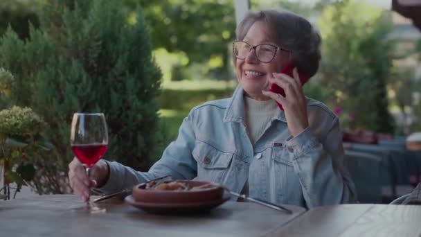 Conceito Velhice Feliz Mulher Aposentada Positivo Ter Telefonema Durante Almoço — Vídeo de Stock