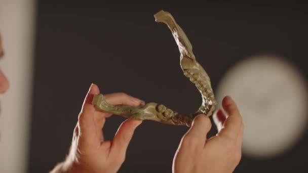 男性のグラフィックデザイナーは 手のプラスチックカーキ色の3Dプリントモデルを歯に義務付けています 義肢と移植のためのバイオプリンティング臓器の概念 の未来 — ストック動画