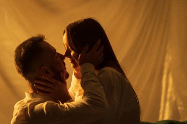 Neon ışıklı arka planda öpüşen iki sevgili. Bir kadın evde öpüşürken erkek arkadaşının yüzüne dokunuyor. Gece kulübü yabancıları birbirlerini kucaklıyor ve baştan çıkarıyorlar. İlişkide ön sevişme. Yüksek kalite 4k