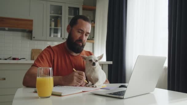 Young Bearded Man Sits Kitchen Table Together Pet Friend White — Stock Video